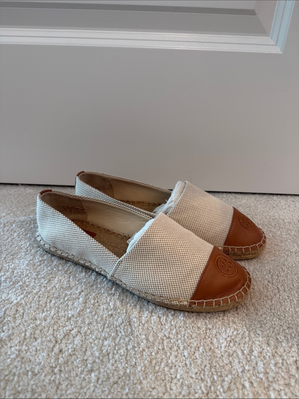 Tory Burch Cream Canvas Espadrilles with Tan Leather Toe